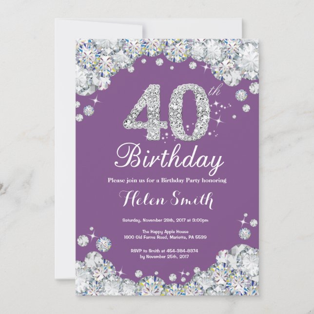 40.ª invitación de cumpleaños Diamante morado y pl (Anverso)