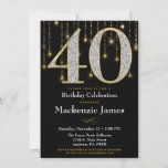 40.ª invitación de cumpleaños Diamantes de oro neg<br><div class="desc">Una elegante invitación de cumpleaños número 40 en negro y oro,  con un gran 40 con diamantes y su aspecto dorado y una cortina purpurinoso de luces doradas. Para el hombre o mujer de 40 años en tu vida.</div>