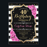 40.ª invitación de cumpleaños franjas blancas rosa<br><div class="desc">40.ª Invitación de cumpleaños Elegante diseño rosa blanco negro con falso purpurina. Rayas negras y blancas con rosas rosas rosas. Perfecto para una elegante fiesta de cumpleaños.</div>