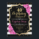 40.ª invitación de cumpleaños franjas blancas rosa<br><div class="desc">40.ª Invitación de cumpleaños Elegante diseño rosa blanco negro con falso purpurina. Rayas negras y blancas con rosas rosas rosas. Perfecto para una elegante fiesta de cumpleaños.</div>