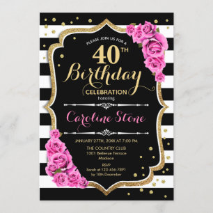 40.ª invitación de cumpleaños franjas blancas rosa