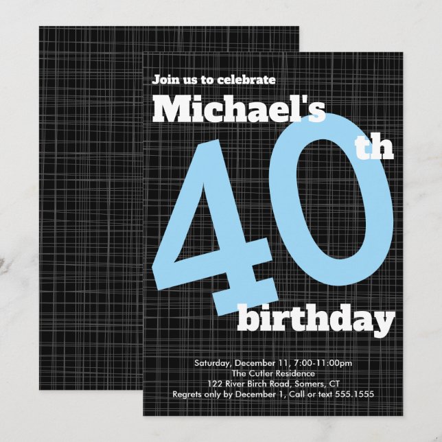 40.ª invitación de cumpleaños negro con acento azu (Anverso / Reverso)