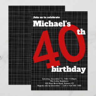 40.ª invitación de cumpleaños negro con acento roj