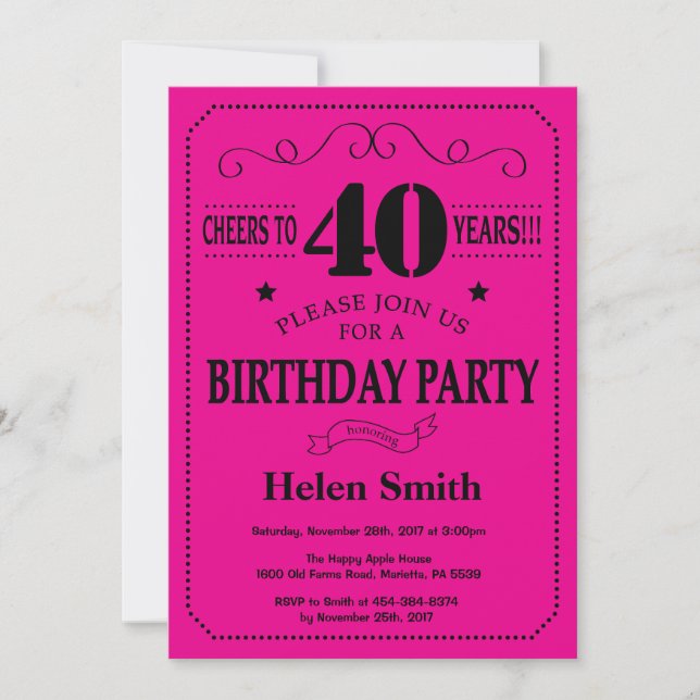 40.ª invitación de cumpleaños: negro y rosado cali (Anverso)