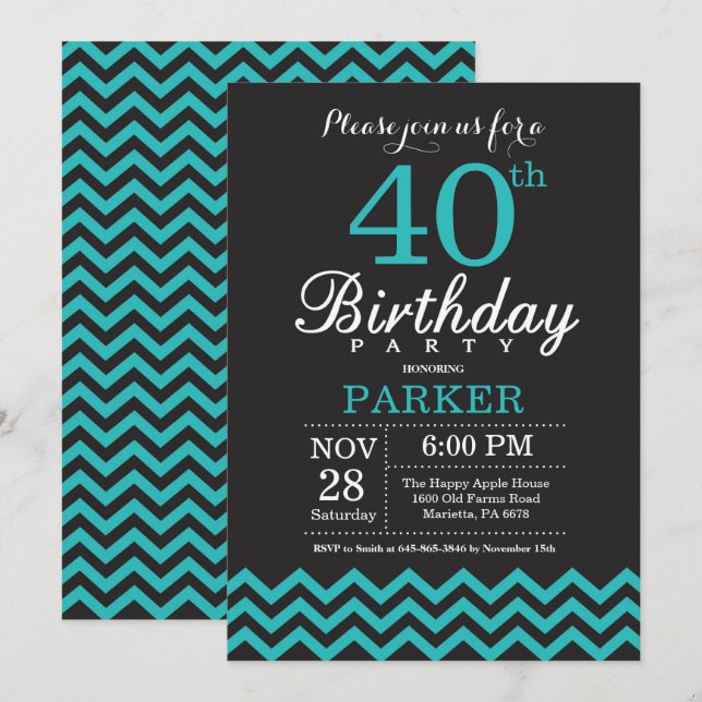 40.ª invitación de cumpleaños negro y Verde azulad (Anverso / Reverso)