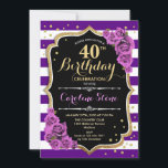 40.ª invitación de cumpleaños Oro púrpura con Rosa<br><div class="desc">40.ª Invitación de cumpleaños. Elegante diseño negro dorado púrpura con falso purpurina. Invitaciones para fiestas de cumpleaños de mujeres. Invitaciones de cumpleaños adultos hito. Presenta rayas moradas,  letra de guión de rosas y confeti. Diseño floral femenino. Se puede personalizar para mostrar cualquier edad.</div>
