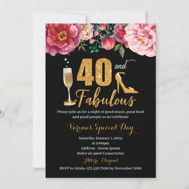 40.ª invitación de cumpleaños para mujeres (Anverso)