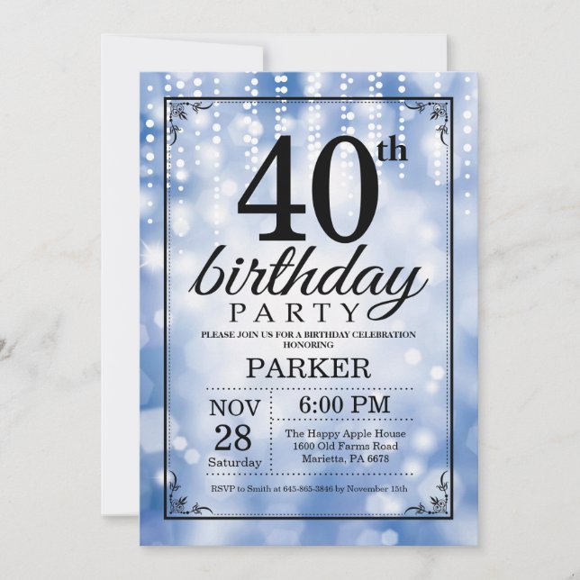 40.ª invitación de cumpleaños Purpurina azul (Anverso)
