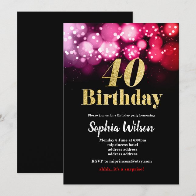 40.ª invitación de cumpleaños purpurina elegante r (Anverso / Reverso)