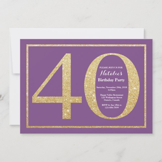 40.ª invitación de cumpleaños Purpurina morado y o (Anverso)