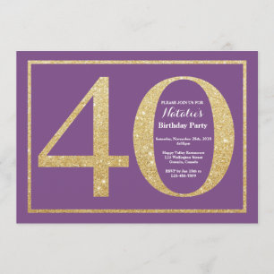 40.ª invitación de cumpleaños Purpurina morado y o