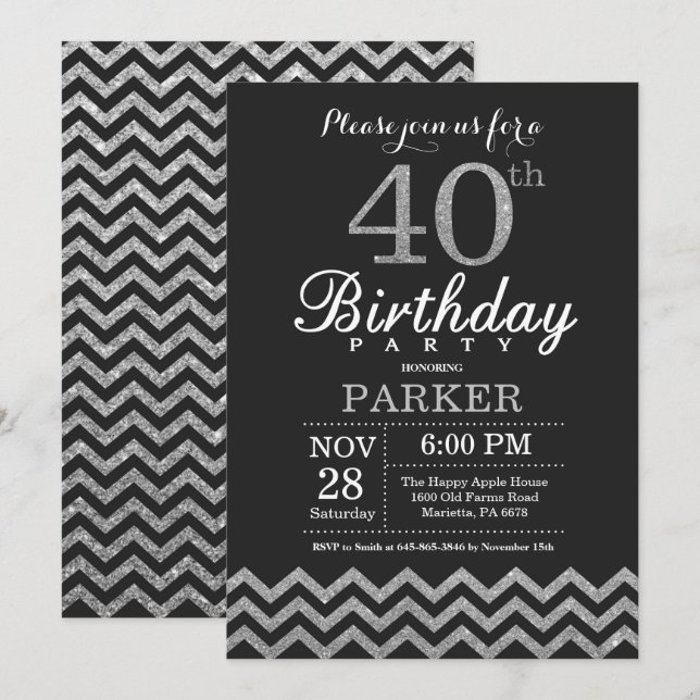 40.ª invitación de cumpleaños Purpurina negro y pl (Anverso / Reverso)