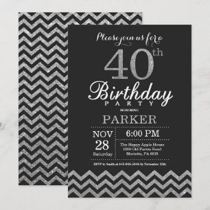 40.ª invitación de cumpleaños Purpurina negro y pl