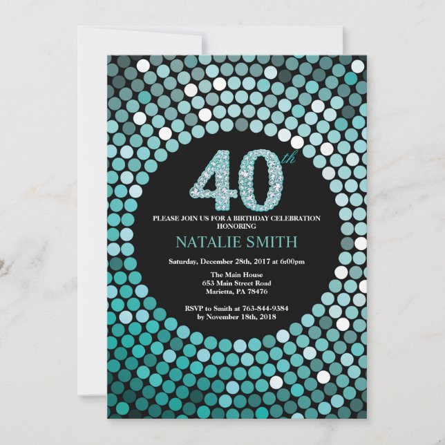 40.ª invitación de cumpleaños Purpurina negro y Ve (Anverso)