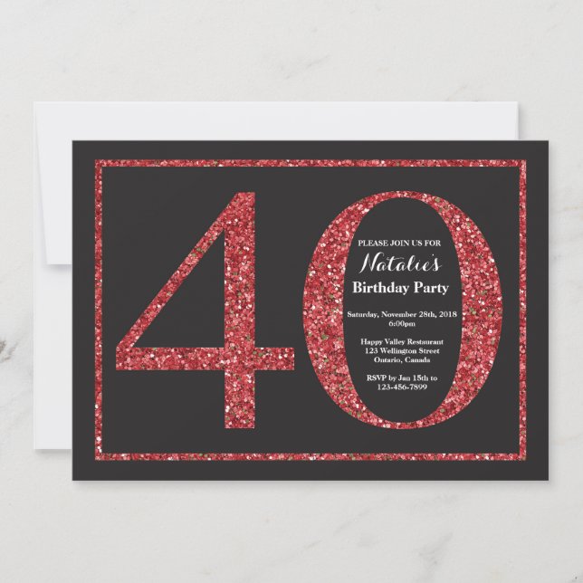 40.ª invitación de cumpleaños Purpurina rojo (Anverso)