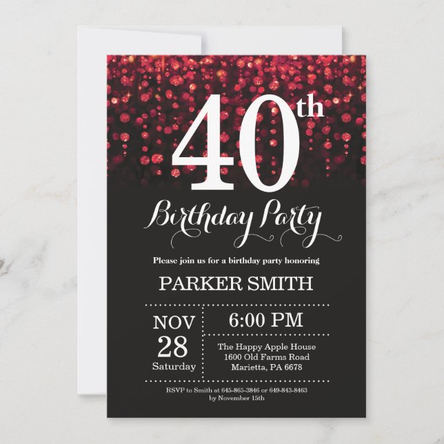 40.ª Invitación de cumpleaños Purpurina rojo (Anverso)