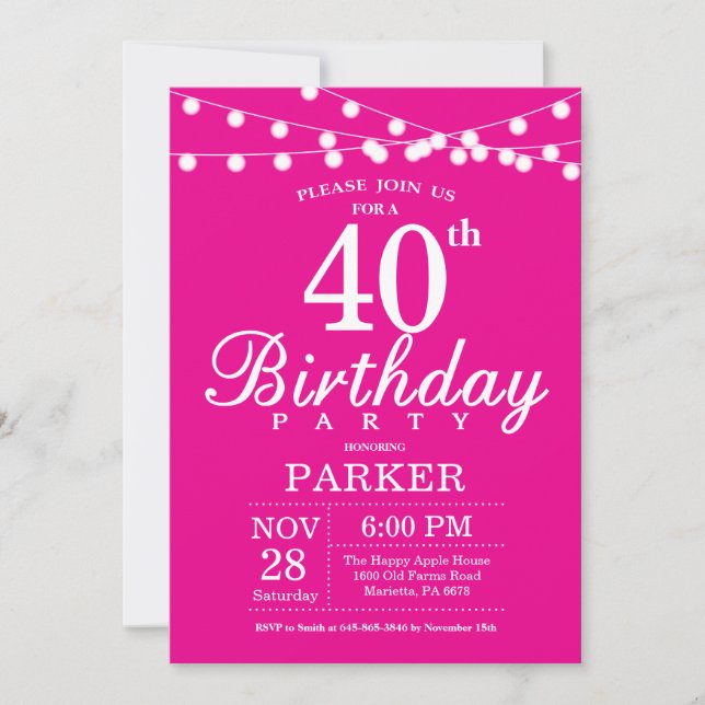 40.ª invitación de cumpleaños Rosa caliente (Anverso)