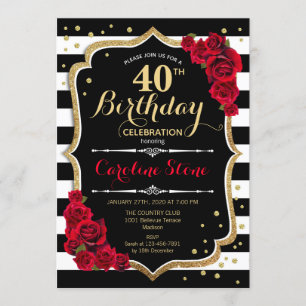 40.ª invitación de cumpleaños Rosas de franjas bla