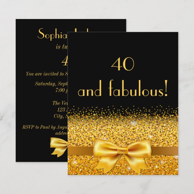 40.ª invitación de fiesta de cumpleaños negro con  (Anverso / Reverso)