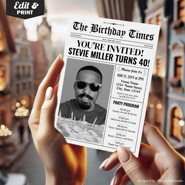 40.ª invitación de periódico de cumpleaños con pro (40th Birthday Newspaper Invitations with Program)