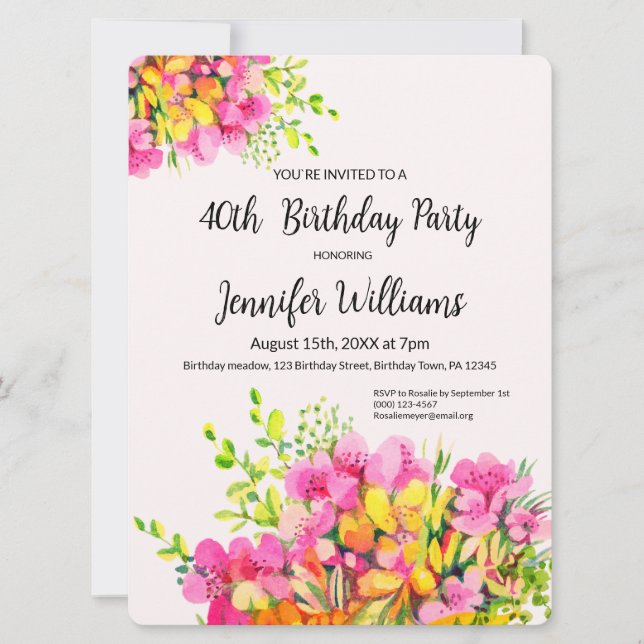 40.ª invitación para el cumpleaños, flores rosadas (Anverso)