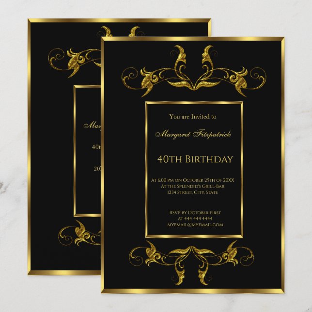 40.ª invitación para la fiesta de cumpleaños Black (Anverso / Reverso)
