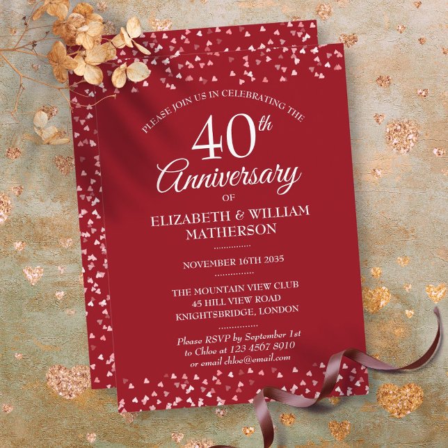 40.º Aniversario del Boda Invitación del Corazón d (40th Wedding Anniversary Ruby Hearts Invitation)