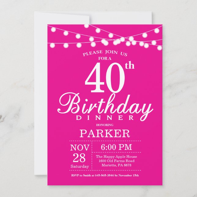 40.º cumpleaños Invitación a cenar Rosa caliente (Anverso)