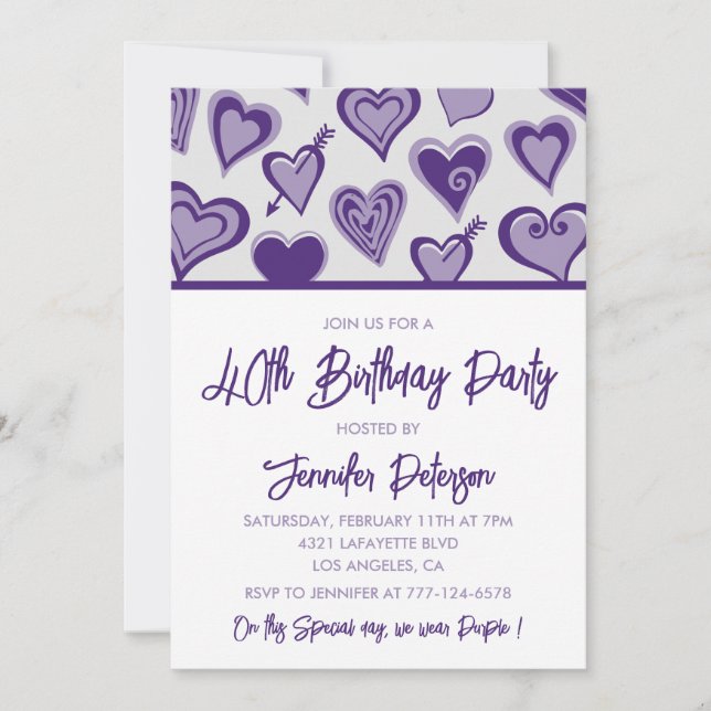 40.º cumpleaños invitaciones Cute Hearts Purple (Anverso)