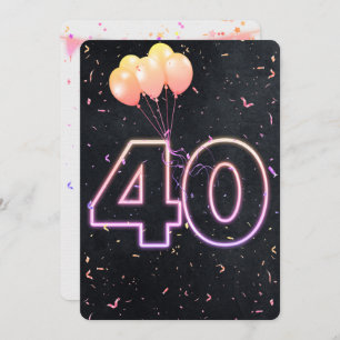 40.º cumpleaños Rótulo neón en invitación negra