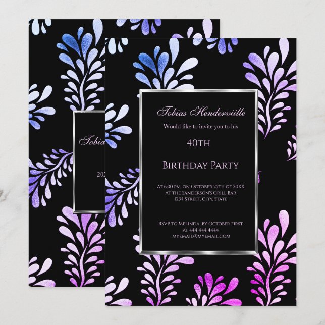 40.º Fiesta de cumpleaños invitación hombre morado (Anverso / Reverso)