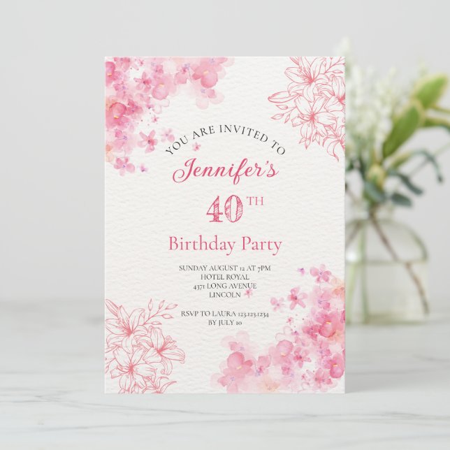 40.º fiesta de cumpleaños invitación rosa floral (Anverso de pie)