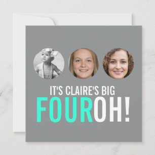 40.º FOUROH gris y rosa. Invitación de cumpleaños 