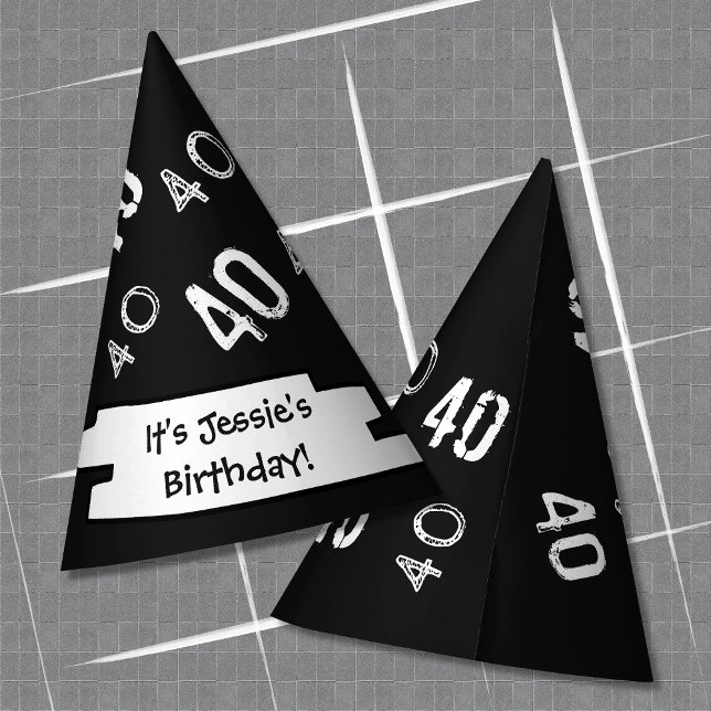 40.º Gorra Fiesta de papel Personalizado de cumple (Depiction of Front and Back of Paper Party Hat)