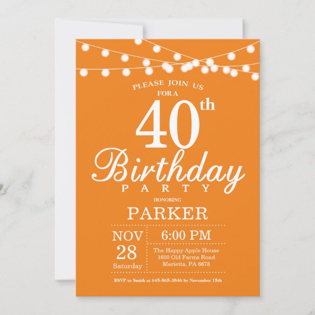40.º Naranja de invitaciones de cumpleaños (Anverso)