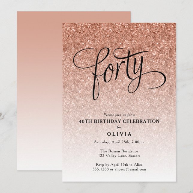 40.º Rosa de cumpleaños Invitación Purpurina Ombre (Anverso / Reverso)