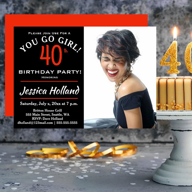 40.º VAS CHICA! Invitación a la foto de la fiesta  (40th YOU GO GIRL! Birthday Party Photo Invitation)