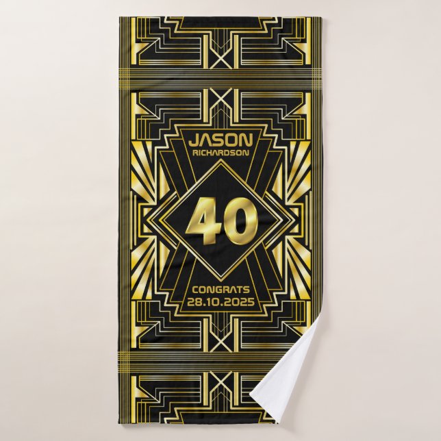 40 cumpleaños Art Deco Oro Gran Gatsby Negro (Toalla de baño)