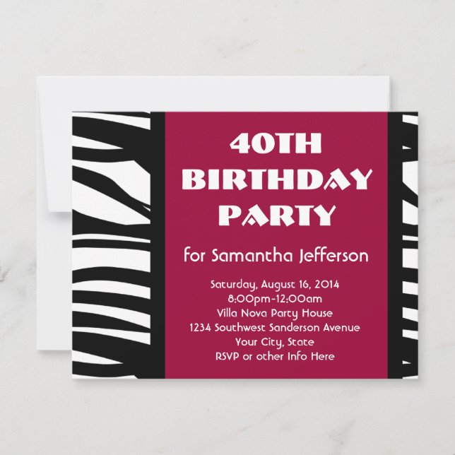 40 invitaciones de cebra rosada y negra (Anverso)