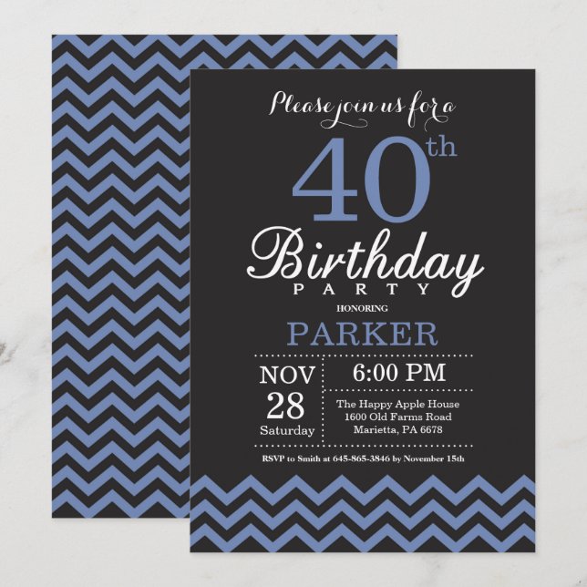 40.o Negro y azul de la invitación del cumpleaños (Anverso / Reverso)