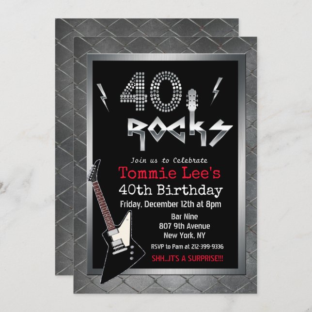 40 Rocks Rockstar Guitar 40 cumpleaños invitación (Anverso / Reverso)