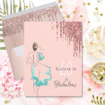 40 y fabulosa invitación rosa fiesta purpurina de<br><div class="desc">Una invitación de cumpleaños femenina, moderna y glamorosa. Un color de fondo dorado rosa de chica. Un dibujo de una mujer con un vestido verde menta. Rosa de oro falso purpurina goteo, pinta goteo en la parte superior. El texto: 40 y Fabulous. Plantillas para un nombre y detalles del fiesta...</div>