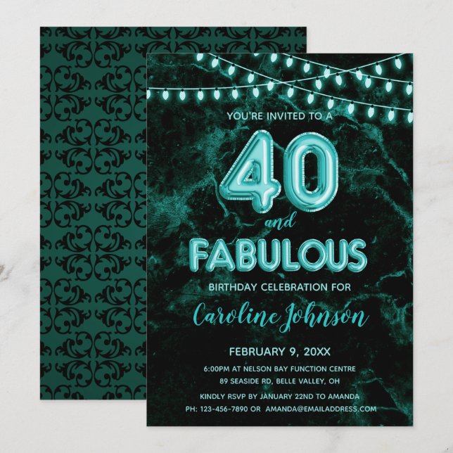 40 y fabulosas invitaciones de cumpleaños en globo (Anverso / Reverso)
