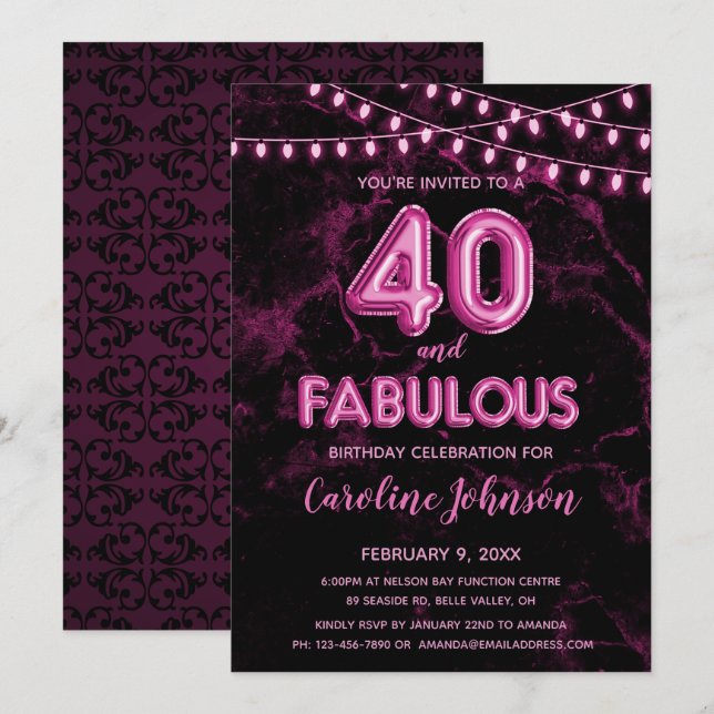 40 y fabulosas invitaciones de cumpleaños en globo (Anverso / Reverso)