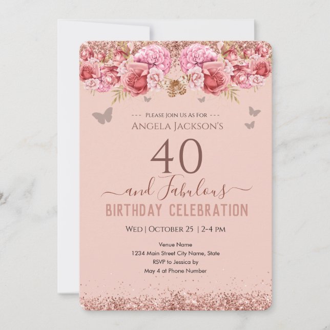 40 y una fantástica invitación rosa de cumpleaños  (Anverso)