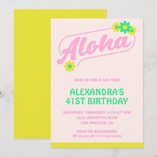 41 invitaciones de cumpleaños Tropical Aloha Pink (Anverso / Reverso)