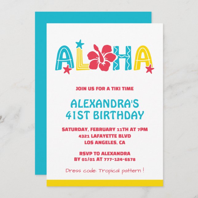 41 invitaciones para el cumpleaños Tropical Aloha  (Anverso / Reverso)
