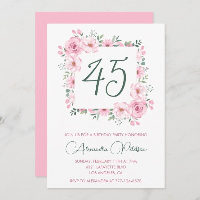 45 años invitaciones Floral Elegant Pink (Anverso / Reverso)