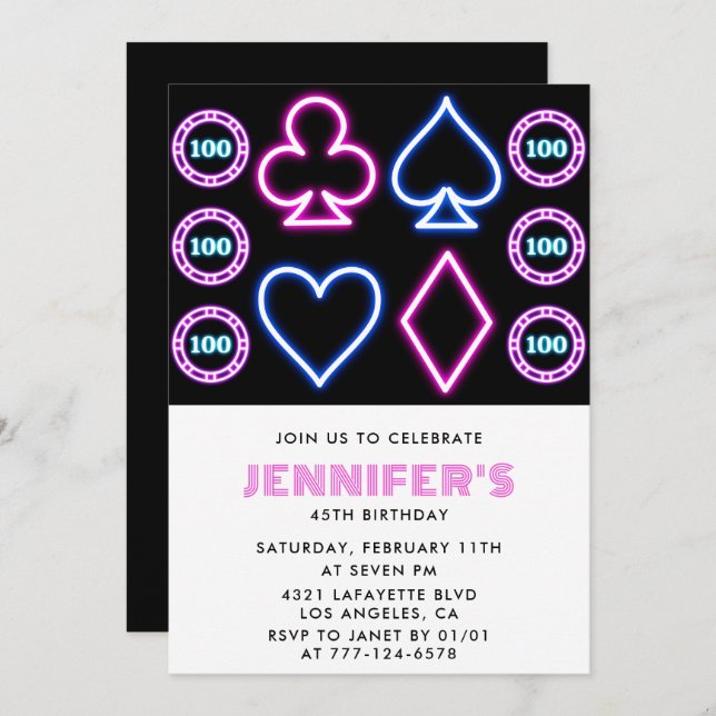 45 invitaciones de cumpleaños Tema de Casino Chica (Anverso / Reverso)