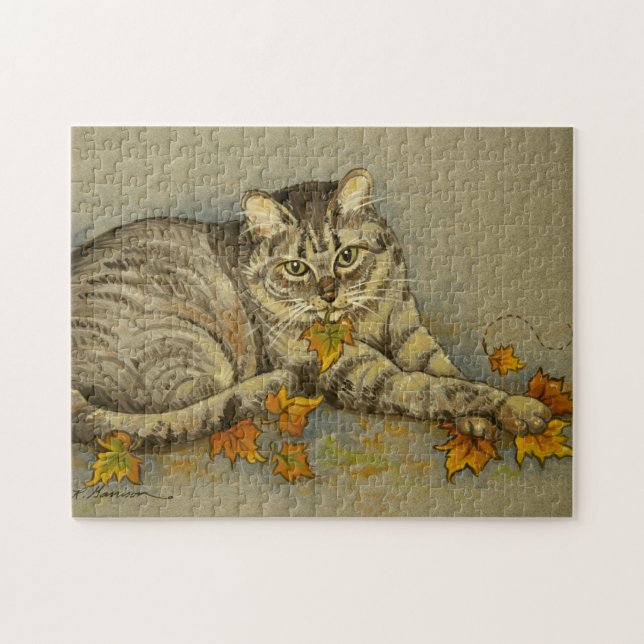 4872 Gato con rompecabezas de hojas de otoño (Horizontal)